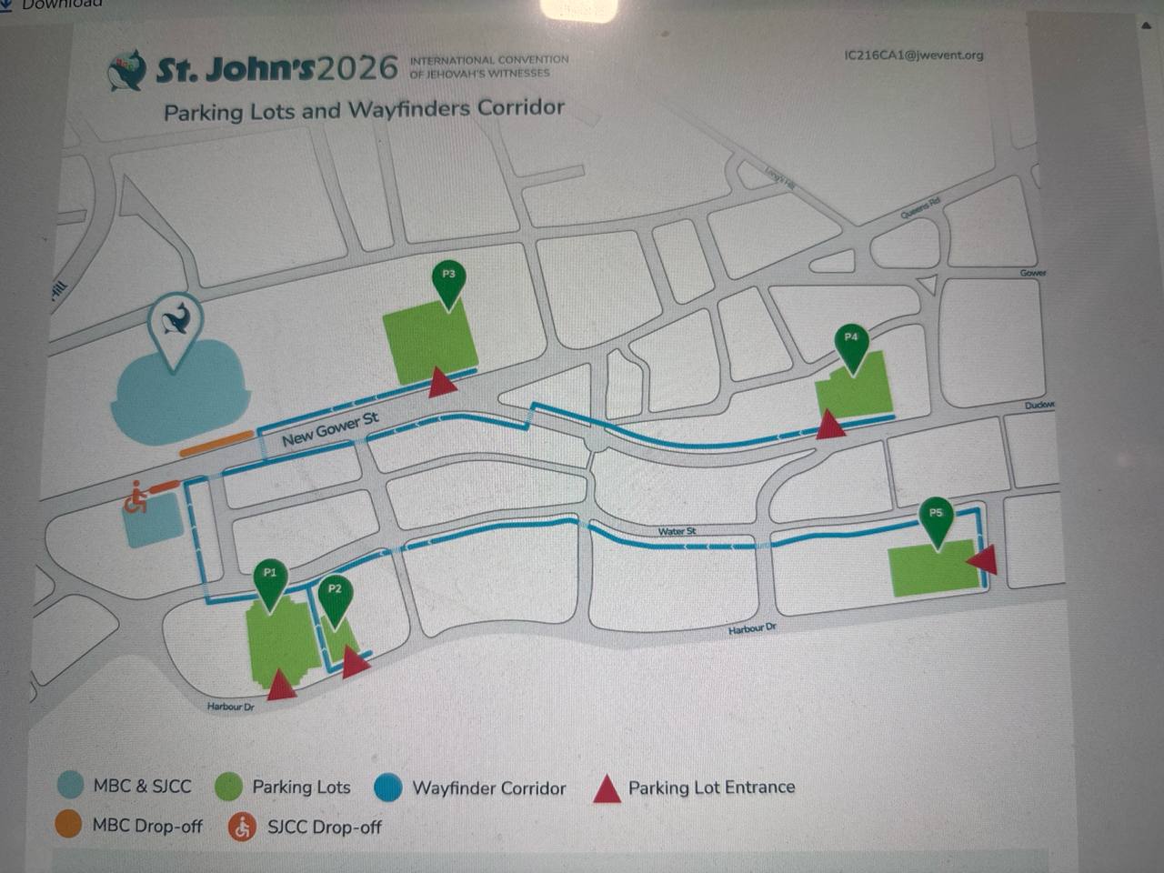 St. John’s 2026 parking lots and wayfinders corridor map showing P1 through P5, entrances, MBC and SJCC drop-off areas